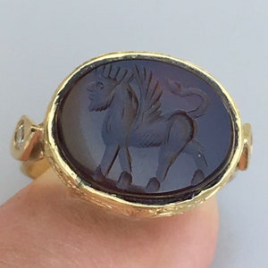 Carnelian Sphinx Intaglio & Diamond 18K Gold Handmade Ring