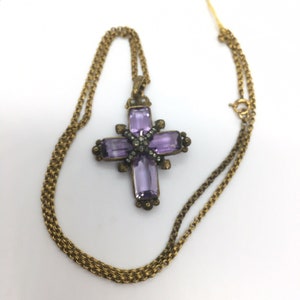 14k Gold American Georgian era Natural Amethyst Diamond Cross Antique Chain