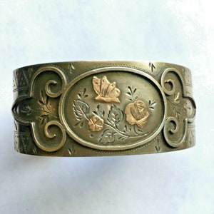 Antique Victorian English Silver Gold Foliate Bangle Bracelet 1886 Hallmark