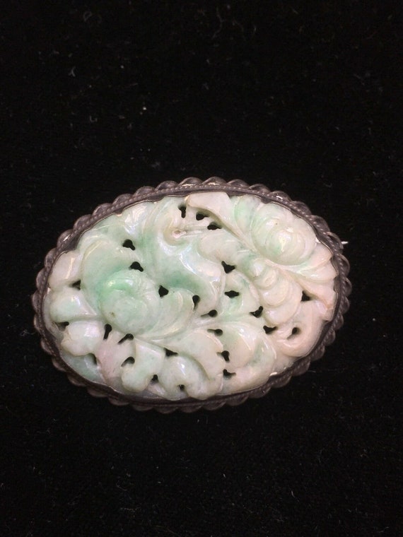 Natural Jade Brooch Art Deco Sterling Silver c1920