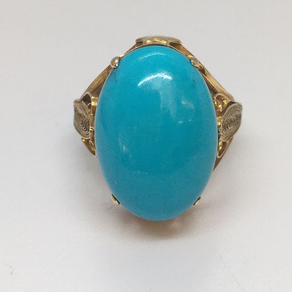 14K Art Deco Yellow Gold 1930s Filigree Ring Arizona Sleeping beauty Turquoise