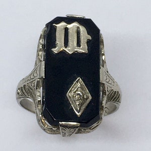 Antique 1920s Art Deco 14k White Gold Onyx Rhinestone Initial M Ring Size 6