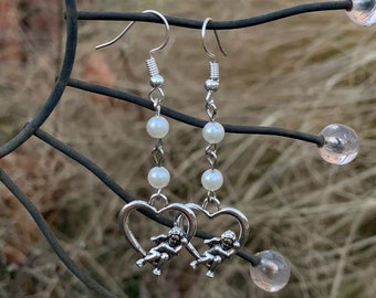 pearl angel heart charm earrings