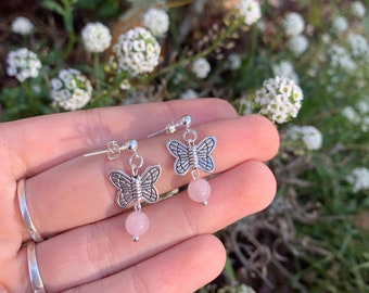 silver hanging stud earrings rose quartz pearl butterfly pearl