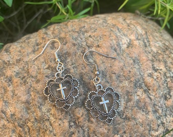 heart embellishment cross earrings silver