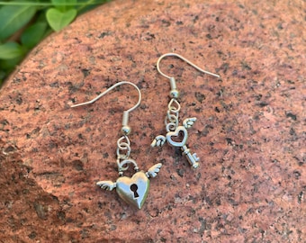 flying heart wings lock key earrings silver