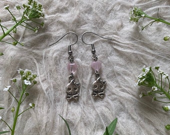 Ohrringe "Skully" Herz Auge Totenkopf Charm rosa Herz Glas Ohrringe