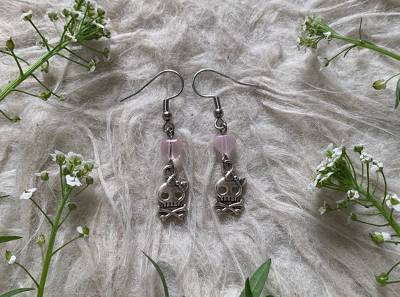 Ohrringe "Skully" Herz Auge Totenkopf Charm rosa Herz Glas Ohrringe