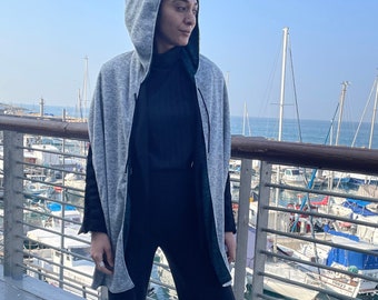Grey Knit Hooded Scarf, Cozy Layering Shawl