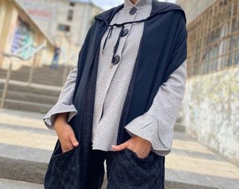 Hooded Knit Scarf with Pockets, Layering Cowl Shrug