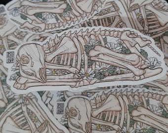 May include: A stack of stickers featuring a detailed illustration of a skeleton of a small animal, possibly a deer, surrounded by white flowers and green leaves. The sticker is printed on white paper and has a white border.