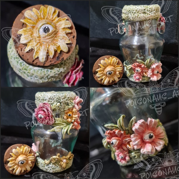 Floral Watcher Glass jar sculpture, handmade OOAK clay container art. eyes, flowers, watch,, vessel, witchy, gothic stash jar, pastel