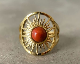 Sun Ring Red Agate 18K Boho Crystal Ring Healing Crystal Red Agate Ring Zodiac Ring for Women Sun Jewelry Red Gemstone Ring for Love