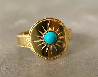 Turquoise Ring Gold Sun Ring 18k Blue Gemstone Ring for Women Genuine Turquoise Crystal Ring by Asana - Meaningful Jewelry - Astrology Ring