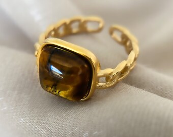 Tiger Eye Ring 18k by ASANA Tiger Eye Gemstone Ring Gold  for Women Genuine Tiger's Eye Crystal - Meaningful Tiger's Eye Jewelry Ring