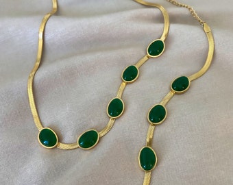 Jewelry Sets for Women 18K Gold by ASANA - Green Agate Crystal Jewelry Set, Necklace Bracelet Set - Green Crystal Jewelry Set Gold