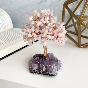 Crystal Tree Rose Quartz Tree Of Life with Amethyst Base - Amethyst Tree, Rose Quartz Tree by ASANA Gemstone Tree - Trending Crystal Gift