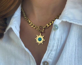 Sunflower Necklace Gold Turquoise Necklace For Women 18 karat Gold Plated Turquoise Jewerly - Healing Crystal Necklaces