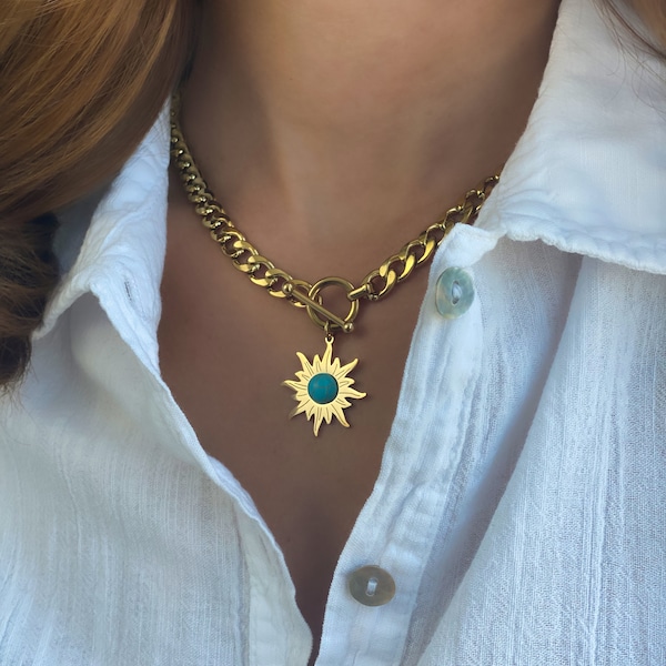 Sunflower Necklace Gold Turquoise Necklace For Women 18 karat Gold Plated Turquoise Jewerly - Healing Crystal Necklaces