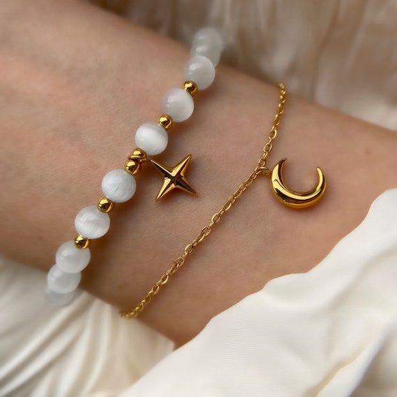 Genuine Opal Bracelet for Balance Moon and Star Bracelet Gold 18k Gemstone for Balance and Peace Natural White Opal Bracelet Gold 18k Etsy