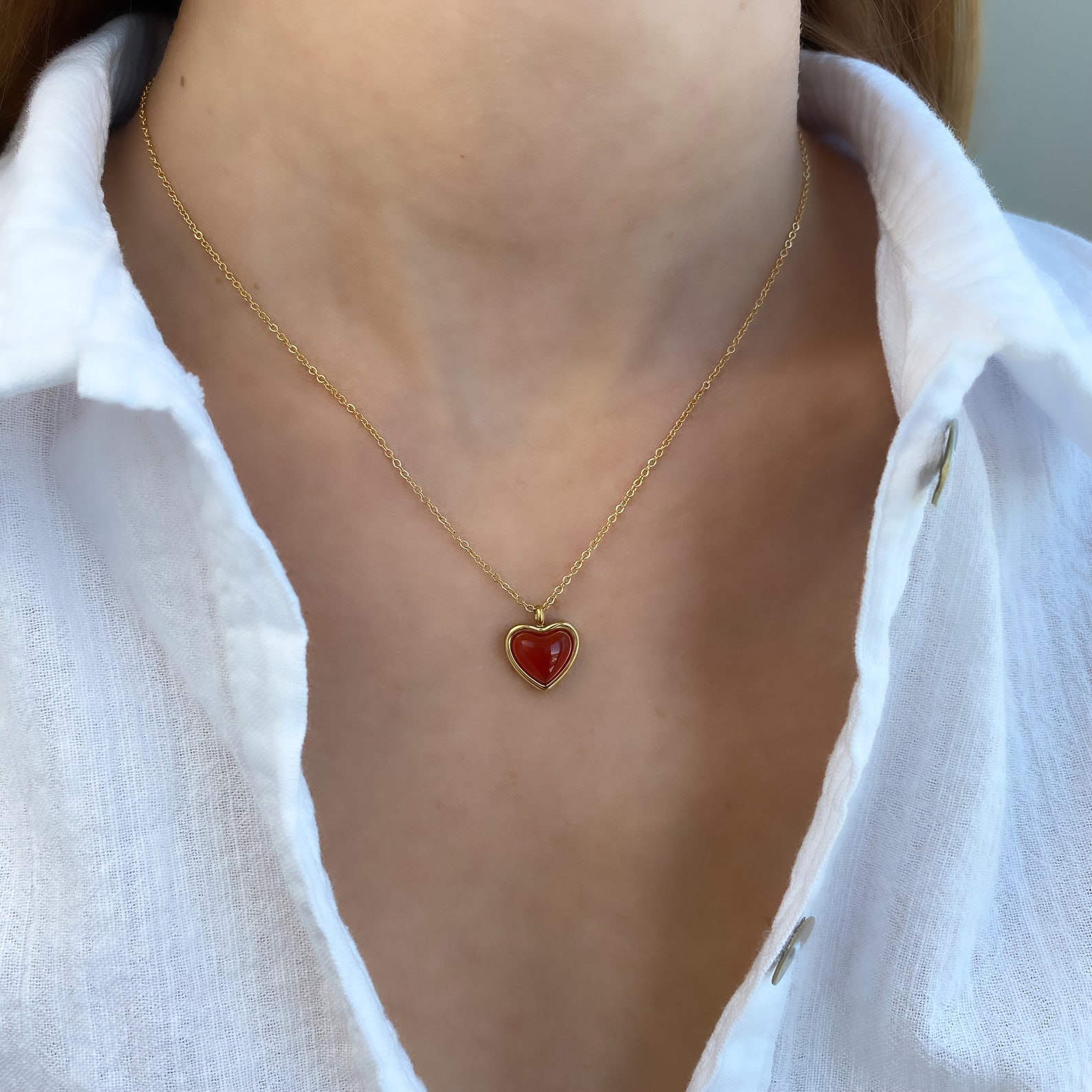 Love Necklace Red Heart Necklace Gold 18k Genuine Red Agate Etsy