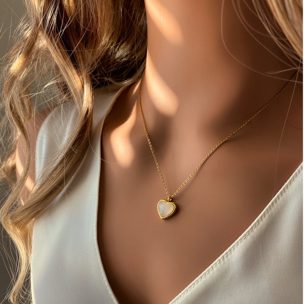 White Heart Necklace Gold 18k Genuine Agate Stone Necklace Heart-shaped Pendant Gold 18k by ASANA CRYSTALS - Dainty White Heart Necklace