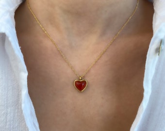 Love Necklace Red Heart Necklace Gold 18k Genuine Red Agate Stone Necklace by ASANA CRYSTALS - Dainty Red Gemstone Agate Heart Necklace
