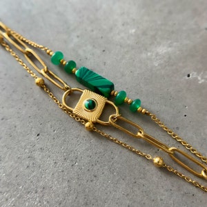 Lock Malachite Bracelet by ASANA - 18k Lock Bracelet With Malay Beads and Malachite Charm Bracelet  Layering Bracelets Gold 18k