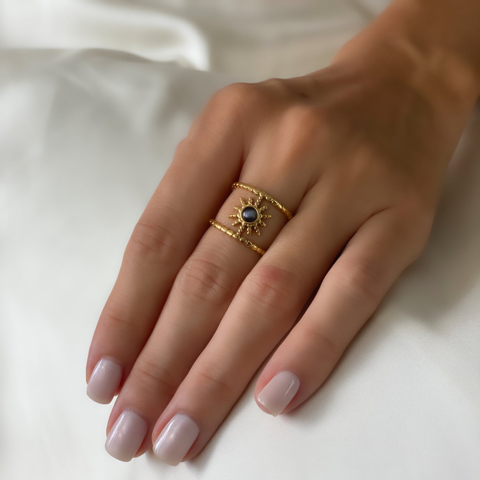 Cat's Eye Stone Ring 18k Black Gemstone Ring Gold Sun Ring Etsy