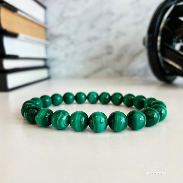 Real Malachite Bracelet by ASANA - Natural Malachite Bracelet, Genuine Green Malachite 8MM Beaded Bracelet for Balance and Self-Love Gift