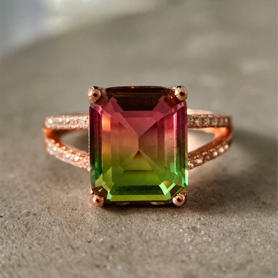 Bi-Color Watermelon Tourmaline Diamond Engagement Ring | Praise Wedding Shop