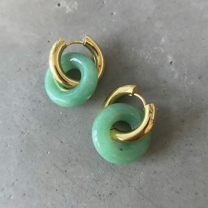 Green Crystal Earrings Natural Green Aventurine Huggie Hoop Earrings 18k Gold Gemstone Hoops Real Green Aventurine Crystal Earrings Gold 18k