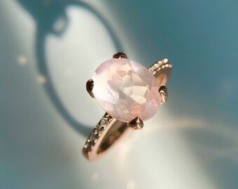 Rose Quartz Ring 14k - Natural Rose Quartz Ring 14K Rose Gold | Crystal Rings - Oval Gold Plated Silver 925 - Rose Quartz Gemstone Ring
