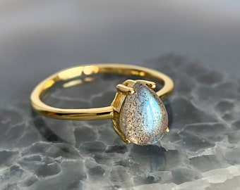 LABRADORITE RING - 14 Karat Gold Sterling Silver 925 - Labradorite Promise Ring for Women - Crystal Ring, Gemstone Promise Rings Labradorite