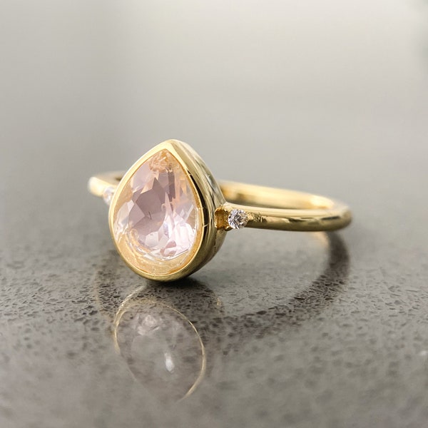 Rose Quartz Ring - Natural Rose Quartz Ring | Crystal Rings - High end Gold Plated Silver 925 - Rose Quartz Gemstone Ring