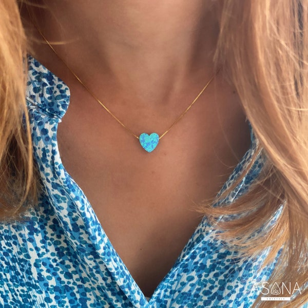 Blue Opal Heart Necklace Gold 18k Genuine Blue Opal Stone Necklace Heart-shaped Pendant Gold 18k by ASANA CRYSTALS - Magical Heart Necklace