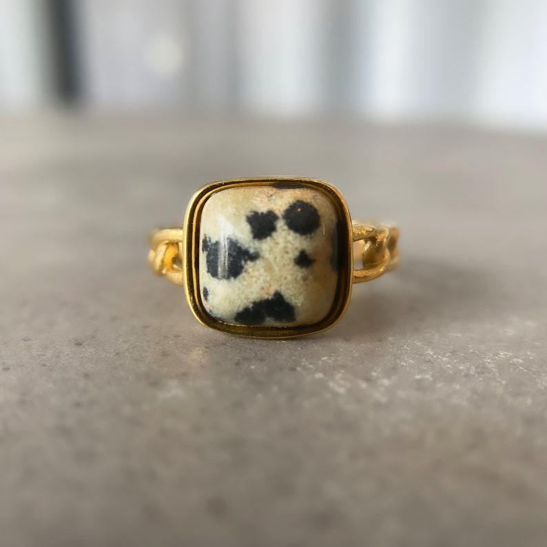 Dalmatian Jasper Ring 18k by ASANA Dalmatian Jasper Gemstone Ring Gold  for Women Genuine Dalmatian Jasper Crystal - Meaningful Jewelry