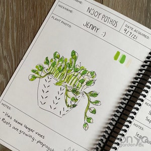 Puede incluir: Ilustraci&oacute;n dibujada a mano de una planta en maceta etiquetada como "N'Joy Pothos" con el apodo "Jenny" y la fecha "9/7/21". La planta est&aacute; dibujada en tinta verde y negra con una maceta blanca.