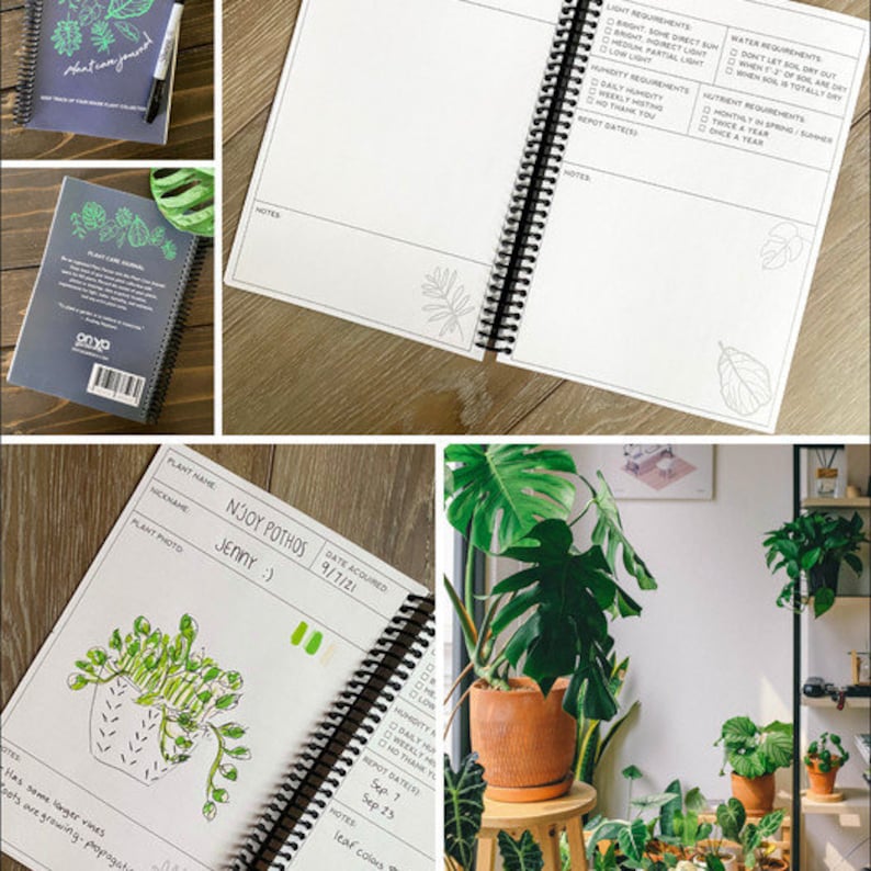 Puede incluir: Un diario de cuidado de plantas con una cubierta en blanco y negro y una encuadernaci&oacute;n en espiral. El diario tiene una secci&oacute;n para el nombre de la planta, el apodo, la foto de la planta, la fecha de adquisici&oacute;n, los requisitos de luz, los requisitos de agua, los requisitos de humedad, los requisitos de nutrientes y las fechas de trasplante. El diario tambi&eacute;n tiene una secci&oacute;n para notas.