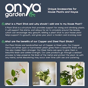 May include: Copper and steel plant sticks for supporting climbing plants. The sticks are handcrafted and have a beautiful finish. The text "Onya Garden" is visible in the image.