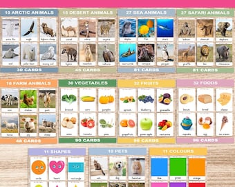 Montessori Flash Card Bundle | 221+ Printable Flashcards | Animals, Shapes, Colors & Food | Preschool Learning Activities PDF | 3-Part Cards