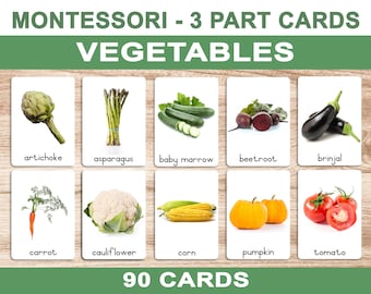 Vegetables • Printable Flash Cards • 3 Part Cards • Montessori Cards • BONUS Letter Tracing