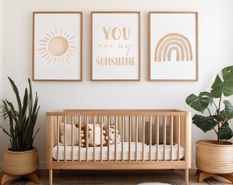 You Are My Sunshine, Neutral Rainbow Wall Art Set of 3 Prints, Printable Wall Art, Rainbow Nursery Decor, Kids Room Decor, DIGITAL DOWNLOAD
