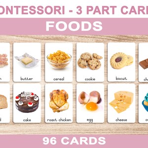 ALIMENTOS • Tarjetas didácticas imprimibles • Tarjetas de 3 partes • Tarjetas Montessori • Rastreo de letras BONUS