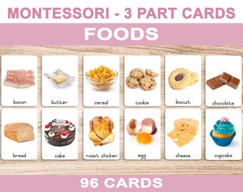 FOODS • Printable Flash Cards • 3 Part Cards • Montessori Cards • BONUS Letter Tracing