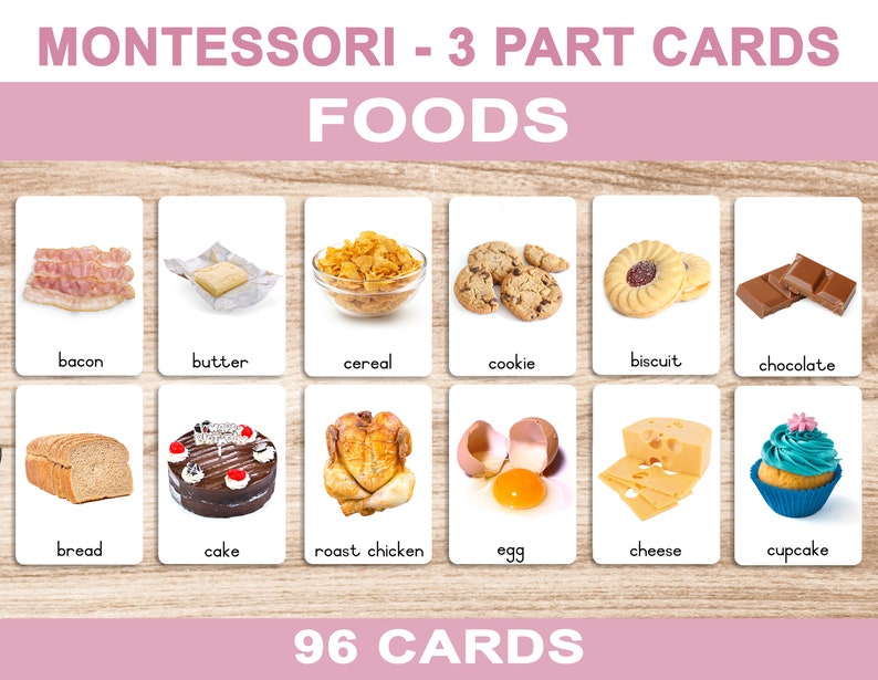 FOODS Printable Flash Cards 3 Part Cards Montessori Cards BONUS Letter ...