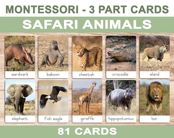 Safari Animals • Printable Flash Cards • 3 Part Cards • Montessori Cards • BONUS Letter Tracing