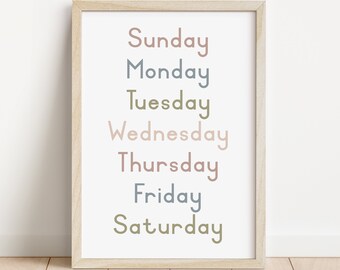 Days of the Week Poster, Week Days Poster, Classroom Decor, Educational Print, Montessori Poster, Homeschool Posters, DIGITAL DOWNLOAD