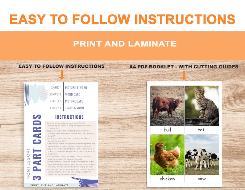 Farm Animals • Printable Flash Cards • 3 Part Cards • Montessori Cards ...