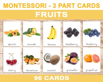 Fruits • Printable Flash Cards • 3 Part Cards • Montessori Cards • BONUS Letter Tracing